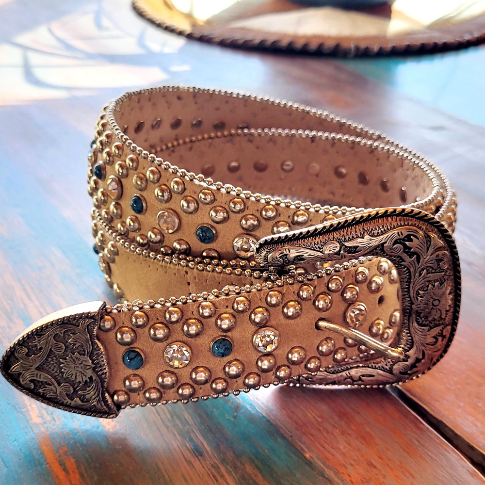 Vintage '90s Turquoise And Clear Crystal Studded Tan Belt Kippy Style